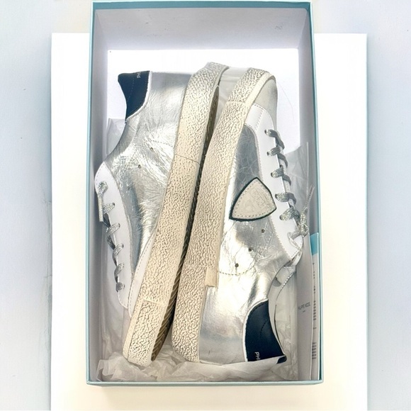 Philippe Model Paris Prsx Low Top Metallic Silver Leather Women's Sneaker Size 8 - Picture 8 of 15